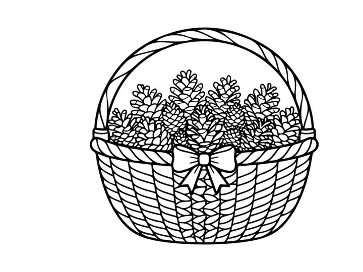 Line art illustration of a basket filled with pine cones