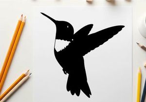 Silhouette of a hummingbird in flight with distinctive white throat patch