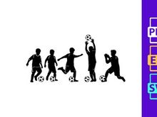Silhouette of five soccer players in various actions with balls