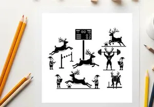 Reindeer silhouette illustrations in various sports and activities