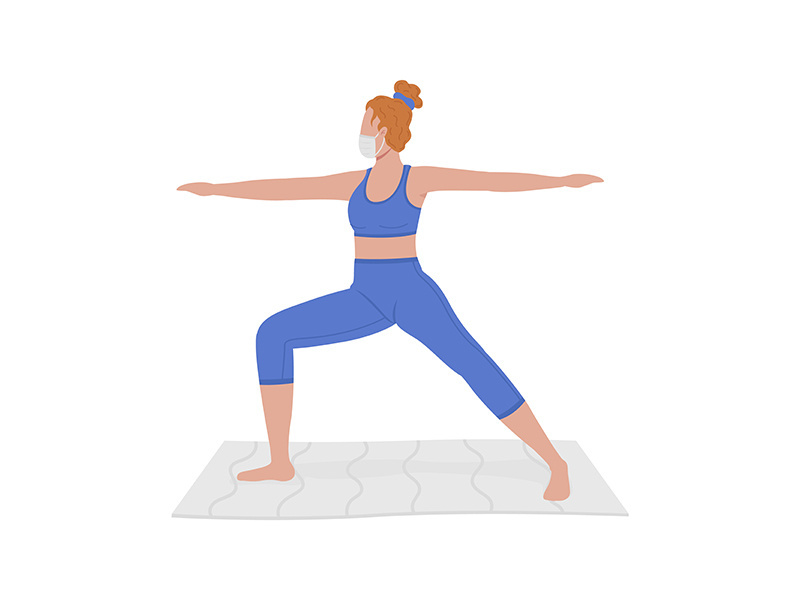 Young woman in mask practicing yoga semi flat color vector character