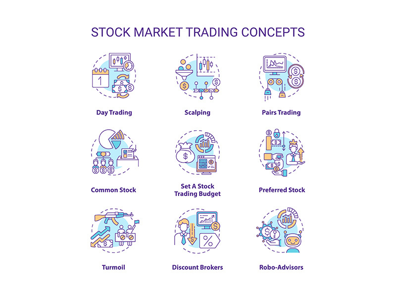 Stock market trading concept icons set