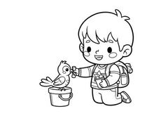Cute boy feeding bird flat design vector illustration