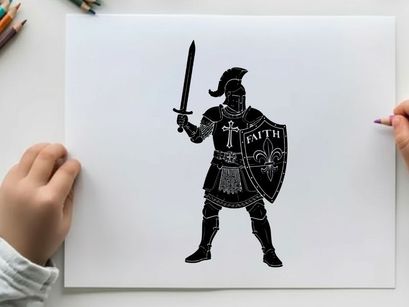 Medieval knight silhouette with sword and shield of faith