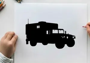 Silhouette of a large military truck with a boxy cargo area silhouette