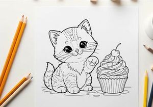 Cute kitten with cupcake vector illustration flat design