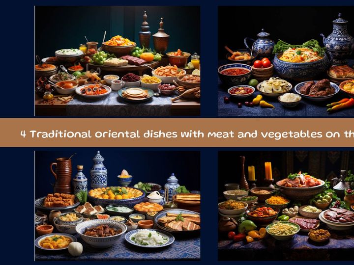 Traditional oriental dishes with meat vegetables and spices on the table