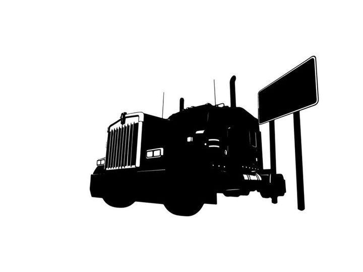 Silhouette of a semi truck beside a billboard on a white background