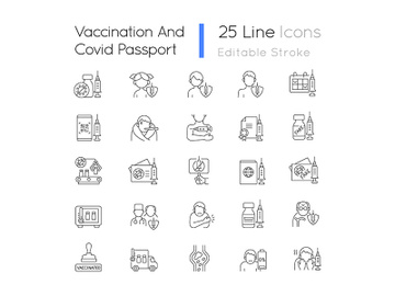 Vaccination and covid passport linear icons set preview picture