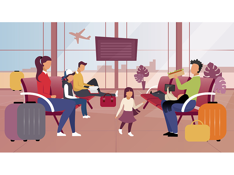 Tourists in airport flat vector illustration