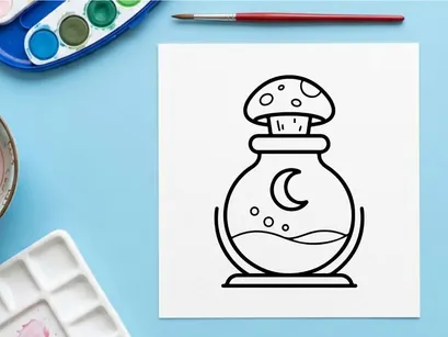 Botella de poción de dibujos animados adorable con diseño de luna y estrellas. Tarro de elixir mágico caprichoso para temas de fantasía y Halloween.