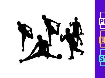 Silhouette of five soccer players in various poses on a white background
