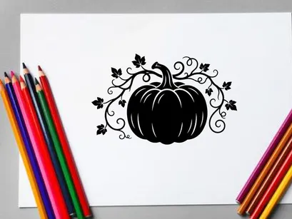 Abóbora de Halloween Estilizada com Videiras Enroladas e Borboletas
