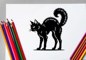 Silhouette of a Black Cat with Curled Tail in Side Profile