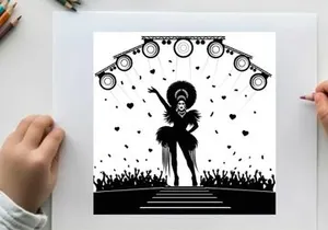 Silhouette of a drag queen performing on stage with confetti