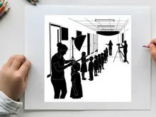 Silhouette of a line of children and photographers in a hallway setting