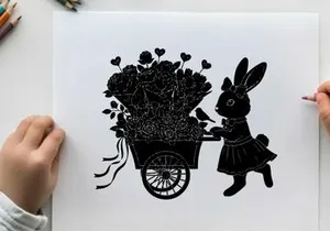 Silhouette of a rabbit pushing a flower cart with bouquet