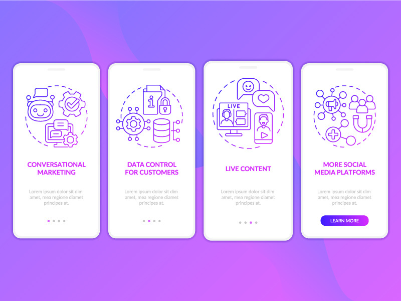 Modern marketing trends purple gradient onboarding mobile app screen