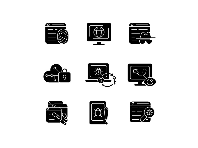 Online behavior monitoring black glyph icons set on white space