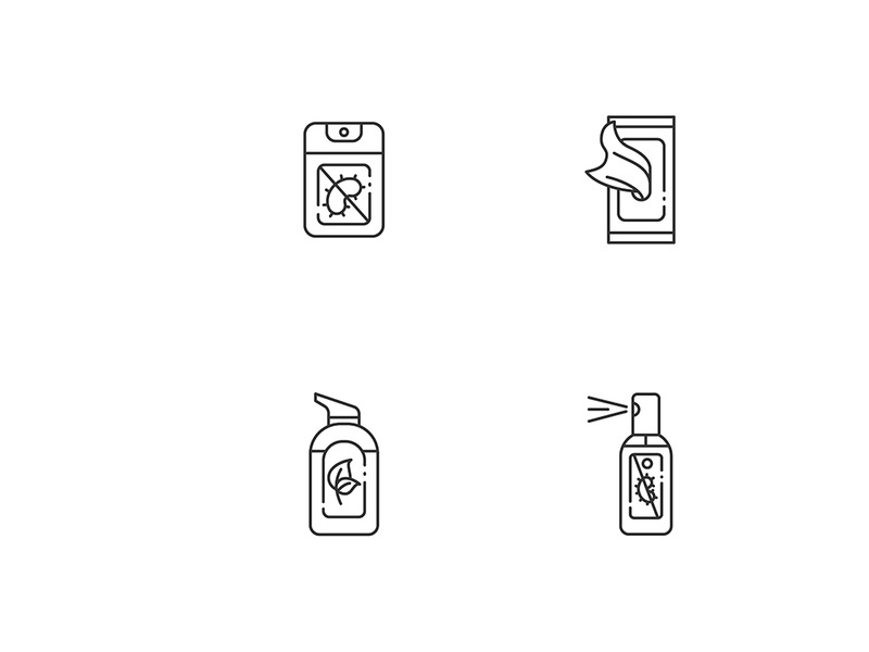 Antibacterial hand sanitizers linear icons set