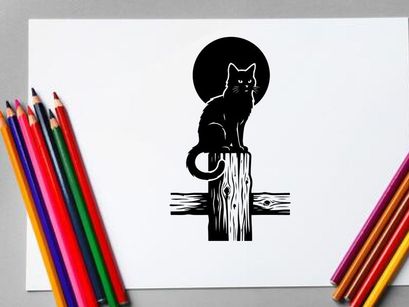 Black Cat Sitting on Wooden Post in Silhouette Style