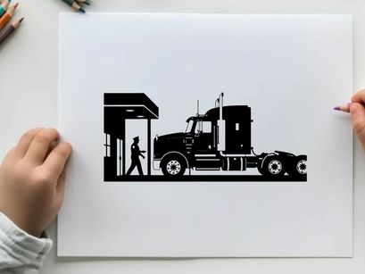 Silhouette of a man and a large truck at a gas station