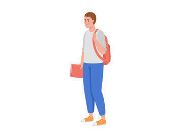 Upset student with backpack and textbook semi flat color vector character preview picture