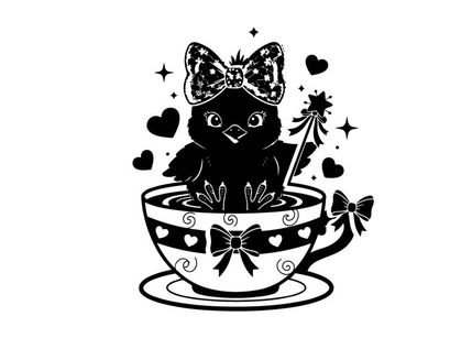 Adorable silhouette cat in decorative teacup with bow and wand silhouette