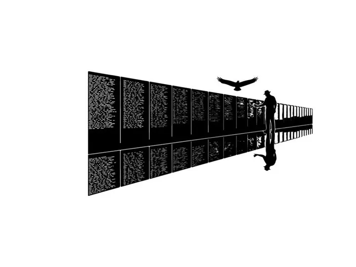 Silhouette of a man walking along a reflective metal fence with a bird flying