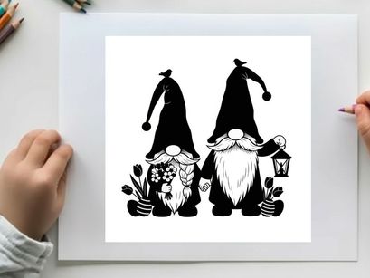 Two gnomes in silhouette with flowers and lantern