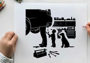 Silhouette of a man and boy working on a car with dog
