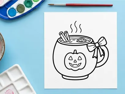 Halloween pumpkin mug with steamy hot drink and cinnamon stick. Spooky seasonal ceramic cup featuring jack-o-lantern face for autumn celebrations.