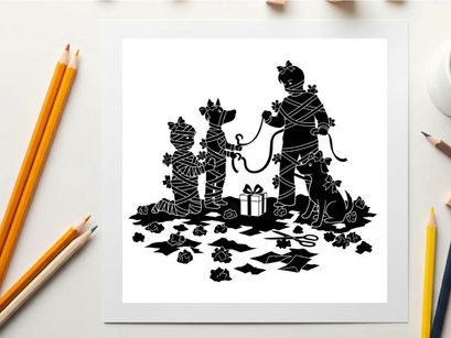 Silhouette of man and two dogs on a walk with gifts