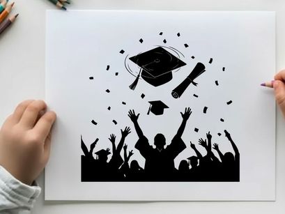 Graduation celebration silhouette with confetti and academic hats