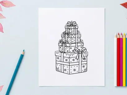 Stack of Christmas gift boxes with ribbons, hand drawn outline illustration for coloring