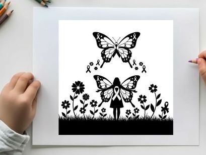 Silhouette of girl with butterfly and flowers and ribbons silhouette