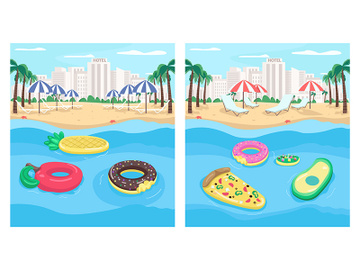 Seaside resort and inflatables flat color vector illustration set preview picture