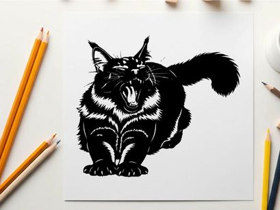 A silhouette of an aggressive black cat with mouth open and tail raised