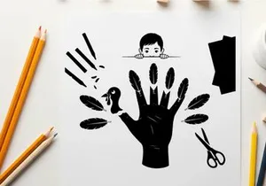 Silhouette of a hand with feathers and a child