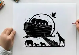 Biblical noah's ark silhouette with animals entering the vessel