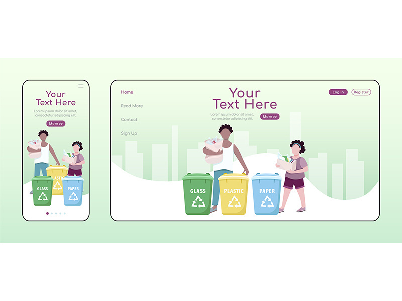 Containers for garbage sorting adaptive landing page flat color vector template