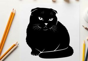 Silhouette of a fluffy black cat with piercing eyes