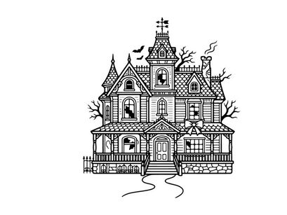 Ilustrasi rumah besar bergaya Victoria berhantu untuk desain Halloween. Rumah gothik menyeramkan dengan pepohonan gundul dan suasana mencekam.