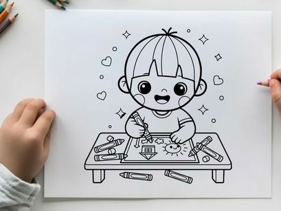 Cute child drawing with crayons vector illustration flat design