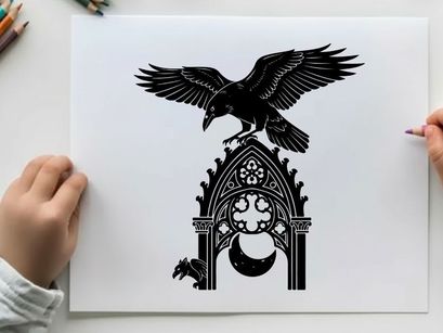 Silhouette of a crow perched on a gothic archway with crescent moon