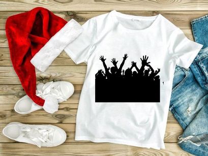 Silhouette of a crowd of people with raised hands in a celebratory gesture