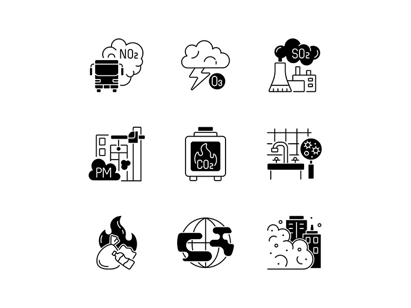 Air pollution black linear icons set