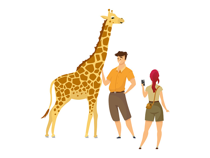 Tourist with giraffe flat color vector illustration
