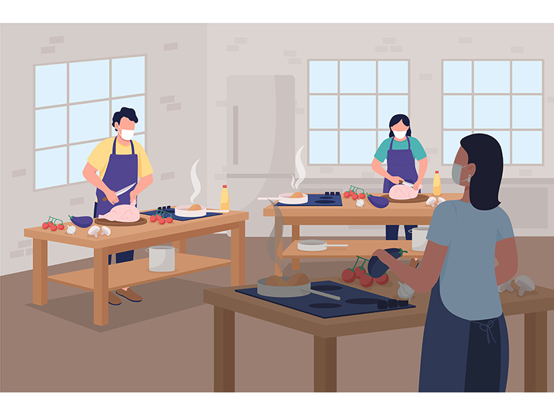 Cooking class during social distancing flat color vector illustration