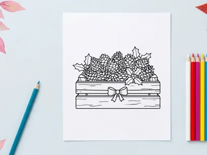Ilustración de caja de regalo navideña dibujada a mano con flores de poinsetia blancas y lazo azul